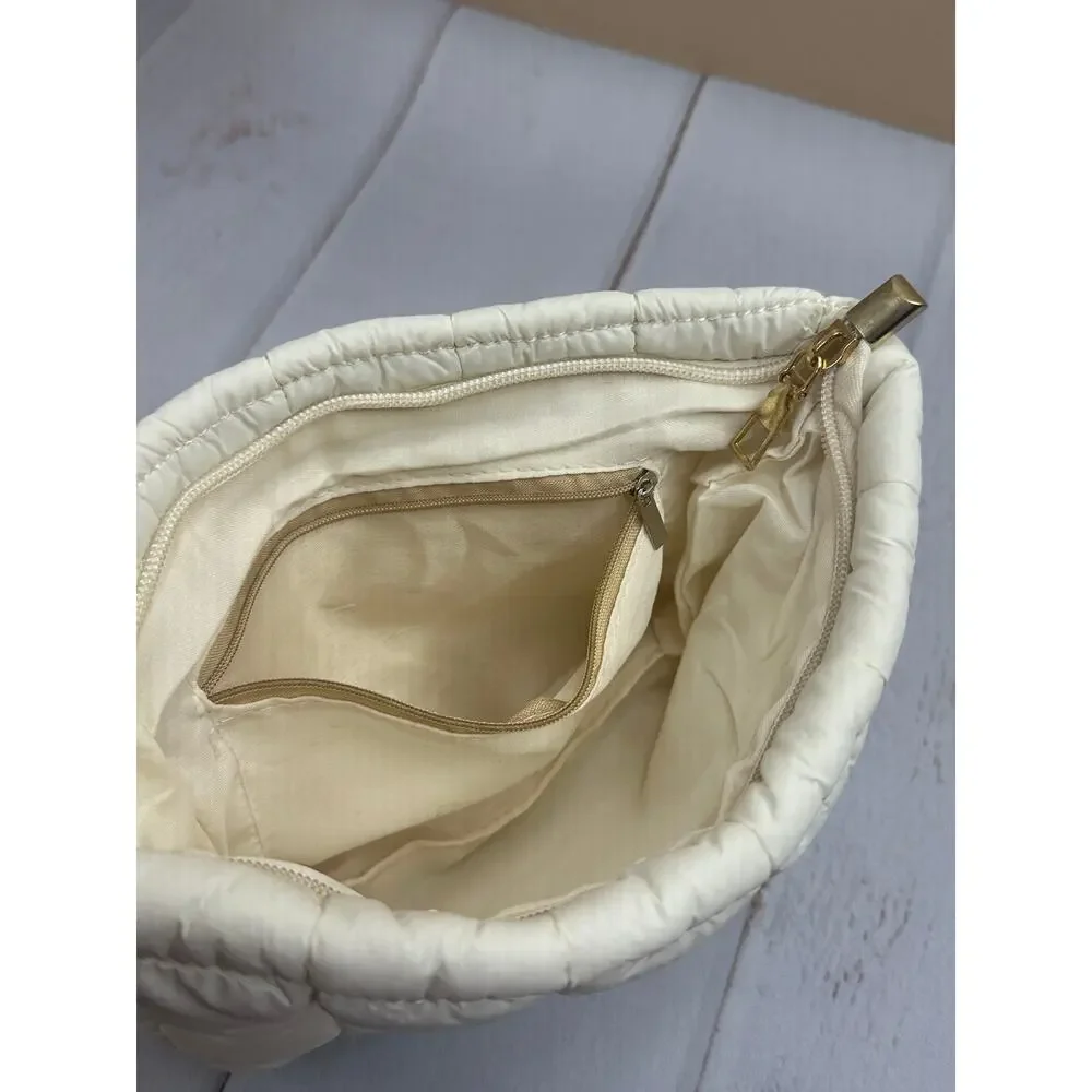 Puffy Quilted Makeup Bag White Checkered Travel‎ Cosmetic Toiletry NEW